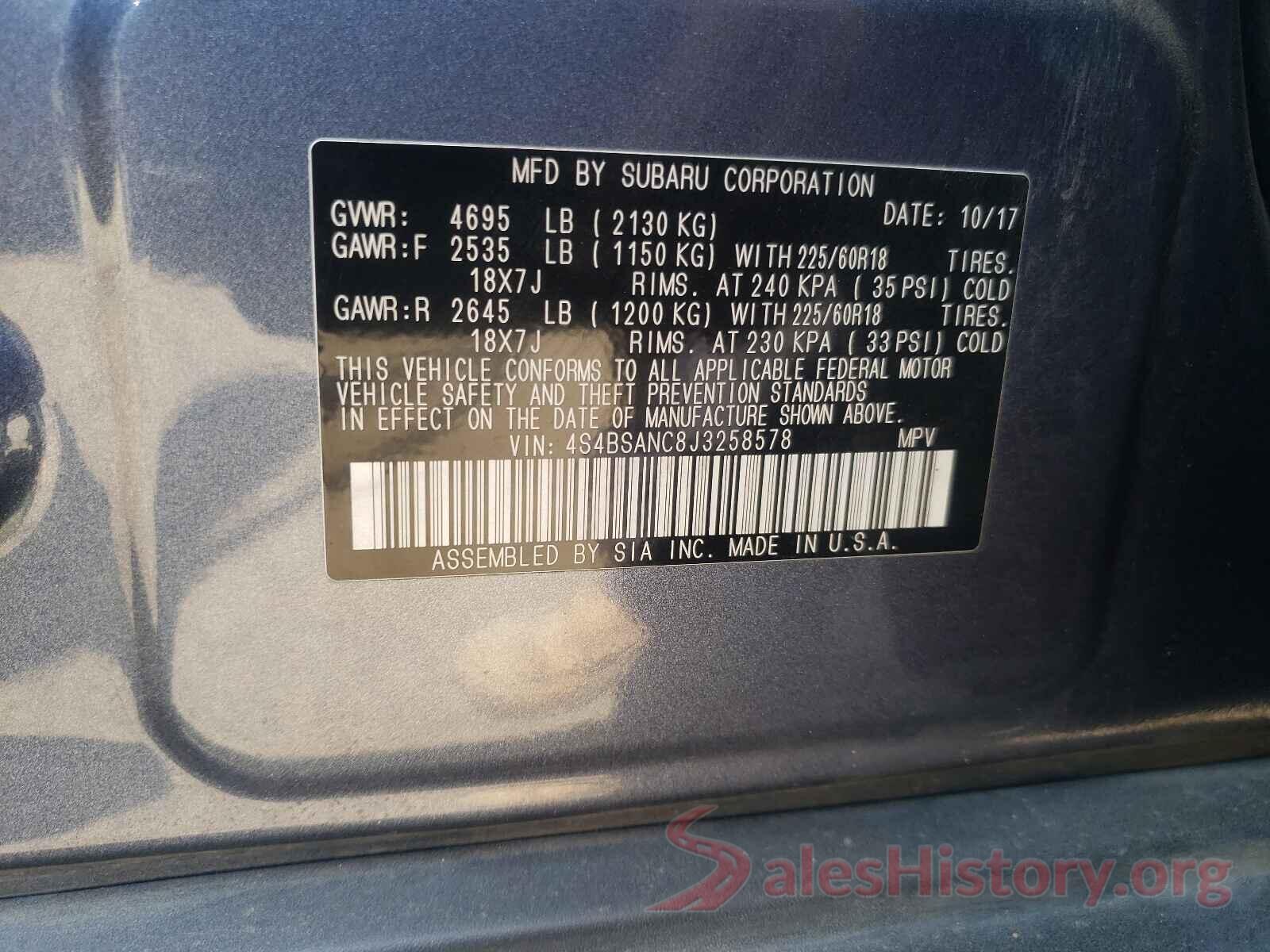 4S4BSANC8J3258578 2018 SUBARU OUTBACK