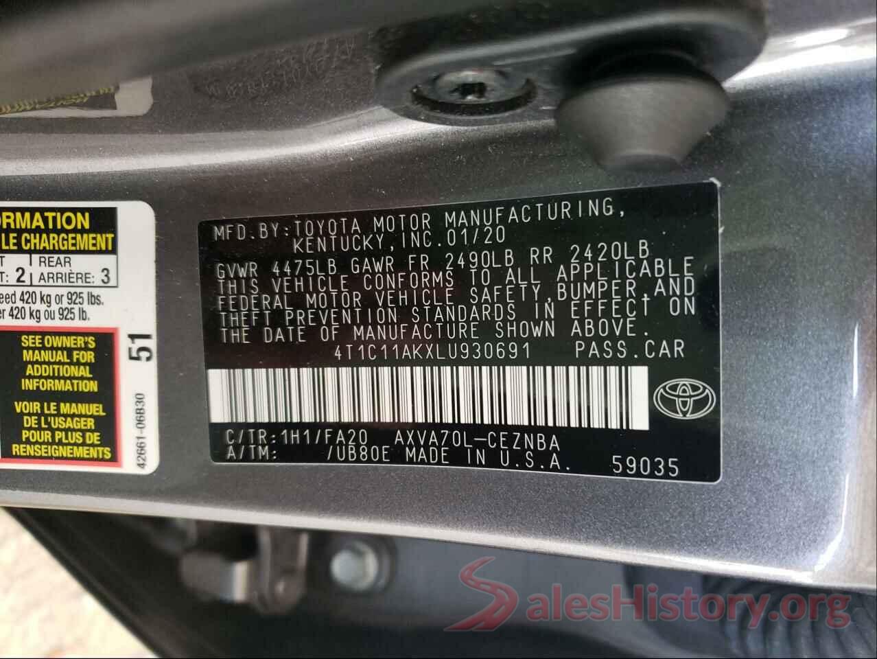 4T1C11AKXLU930691 2020 TOYOTA CAMRY