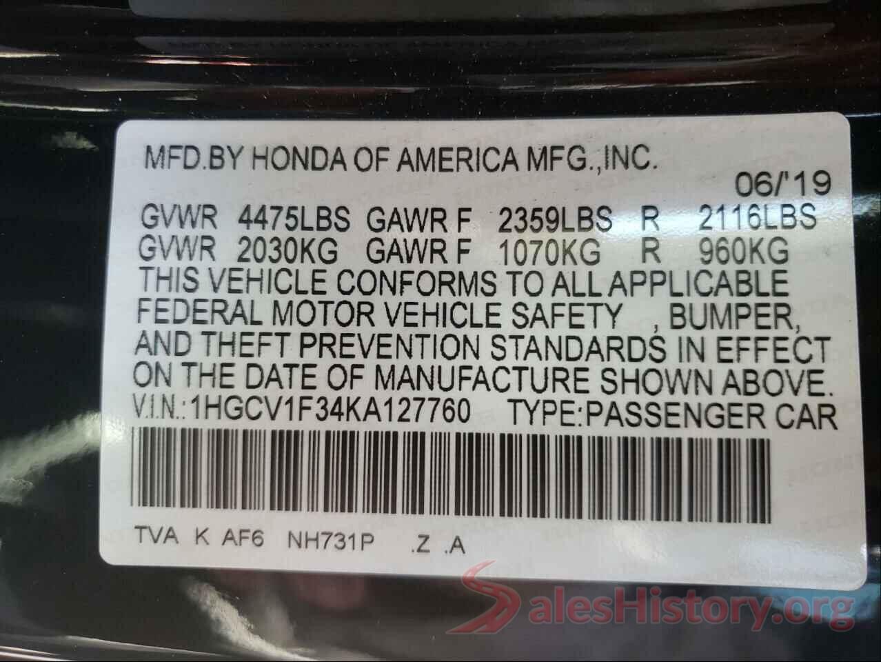 1HGCV1F34KA127760 2019 HONDA ACCORD