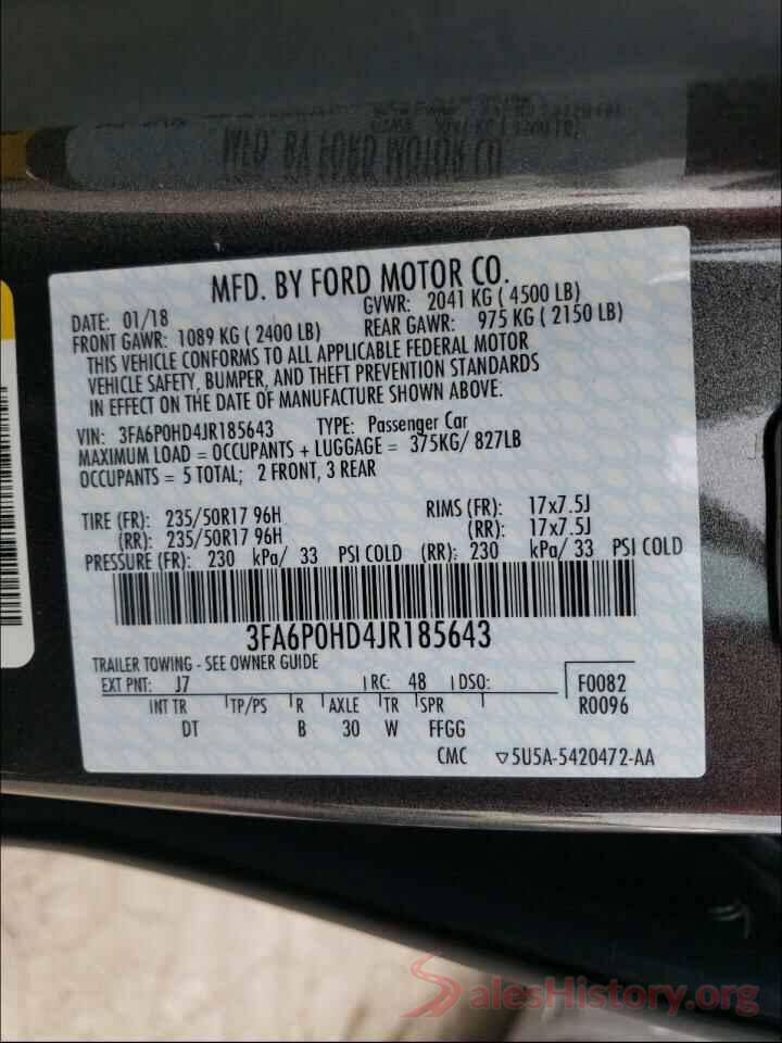 3FA6P0HD4JR185643 2018 FORD FUSION