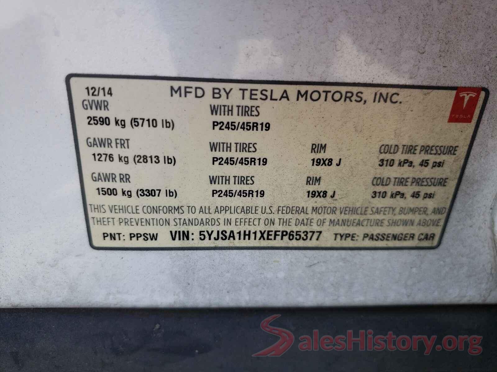 5YJSA1H1XEFP65377 2014 TESLA MODEL S