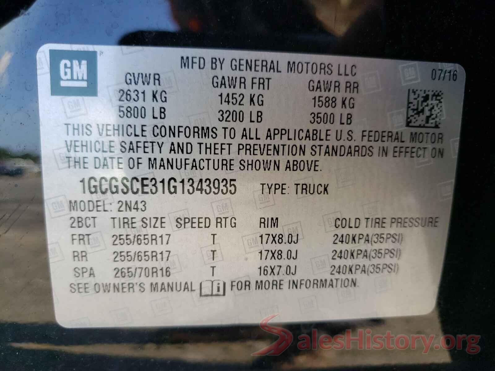 1GCGSCE31G1343935 2016 CHEVROLET COLORADO