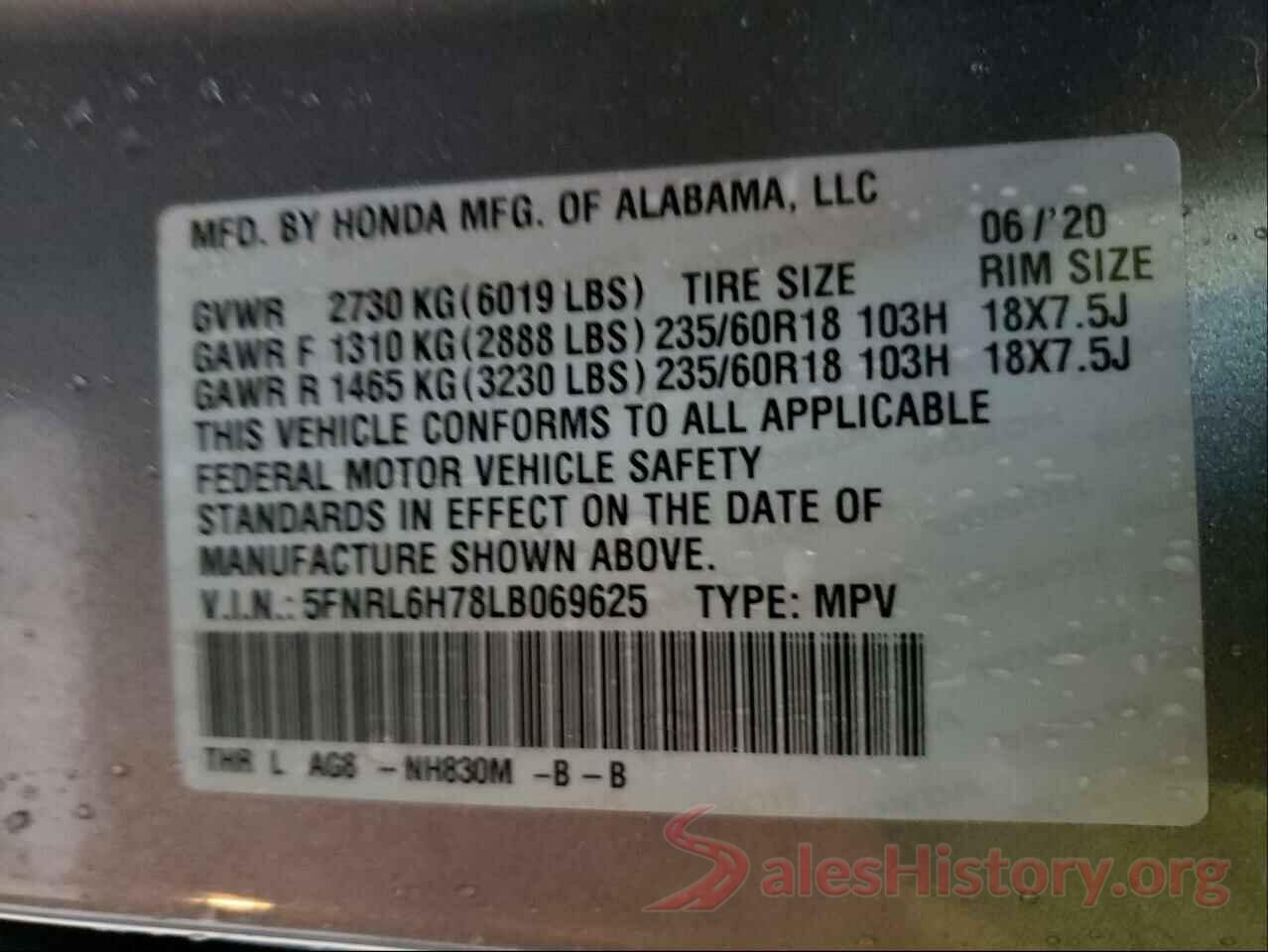 5FNRL6H78LB069625 2020 HONDA ODYSSEY