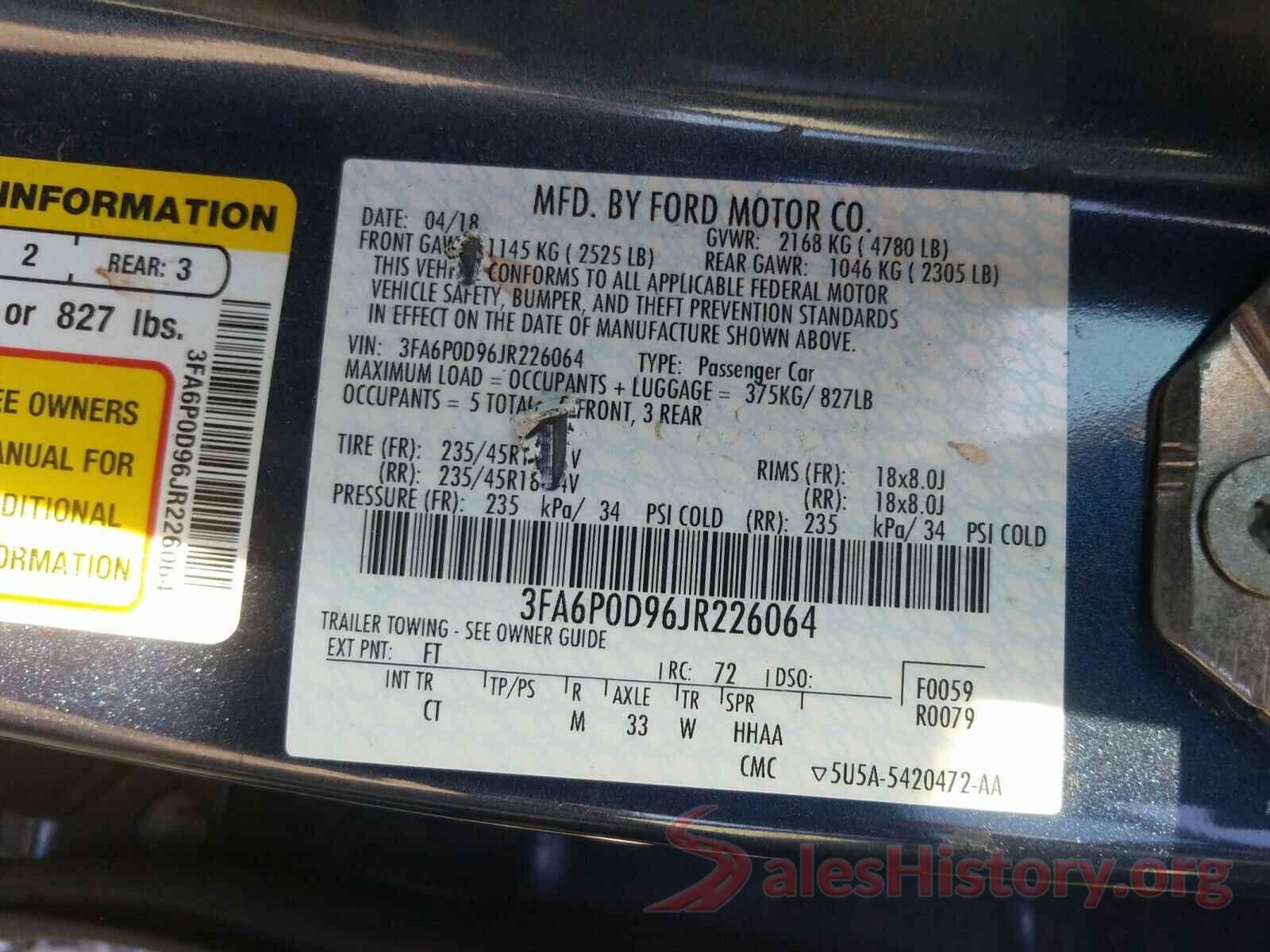 3FA6P0D96JR226064 2018 FORD FUSION