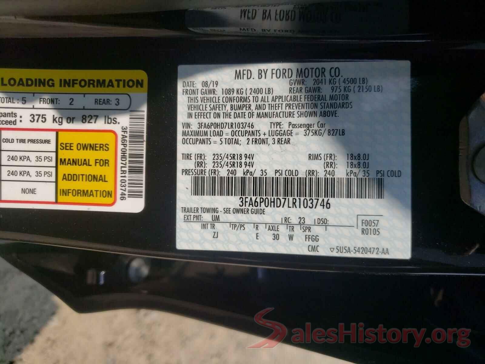 3FA6P0HD7LR103746 2020 FORD FUSION