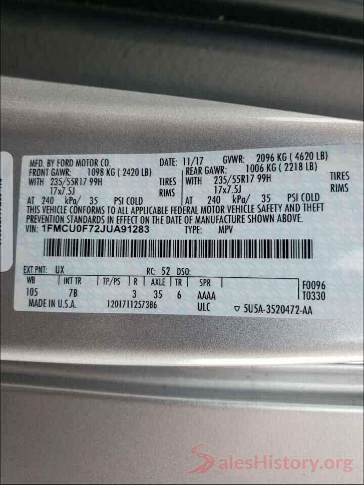 1FMCU0F72JUA91283 2018 FORD ESCAPE