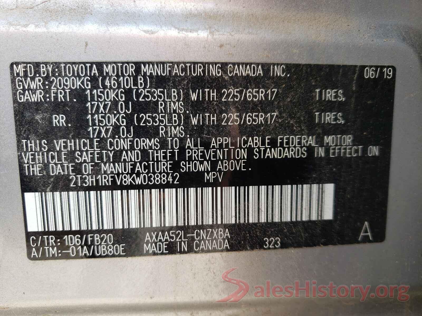 2T3H1RFV8KW038842 2019 TOYOTA RAV4