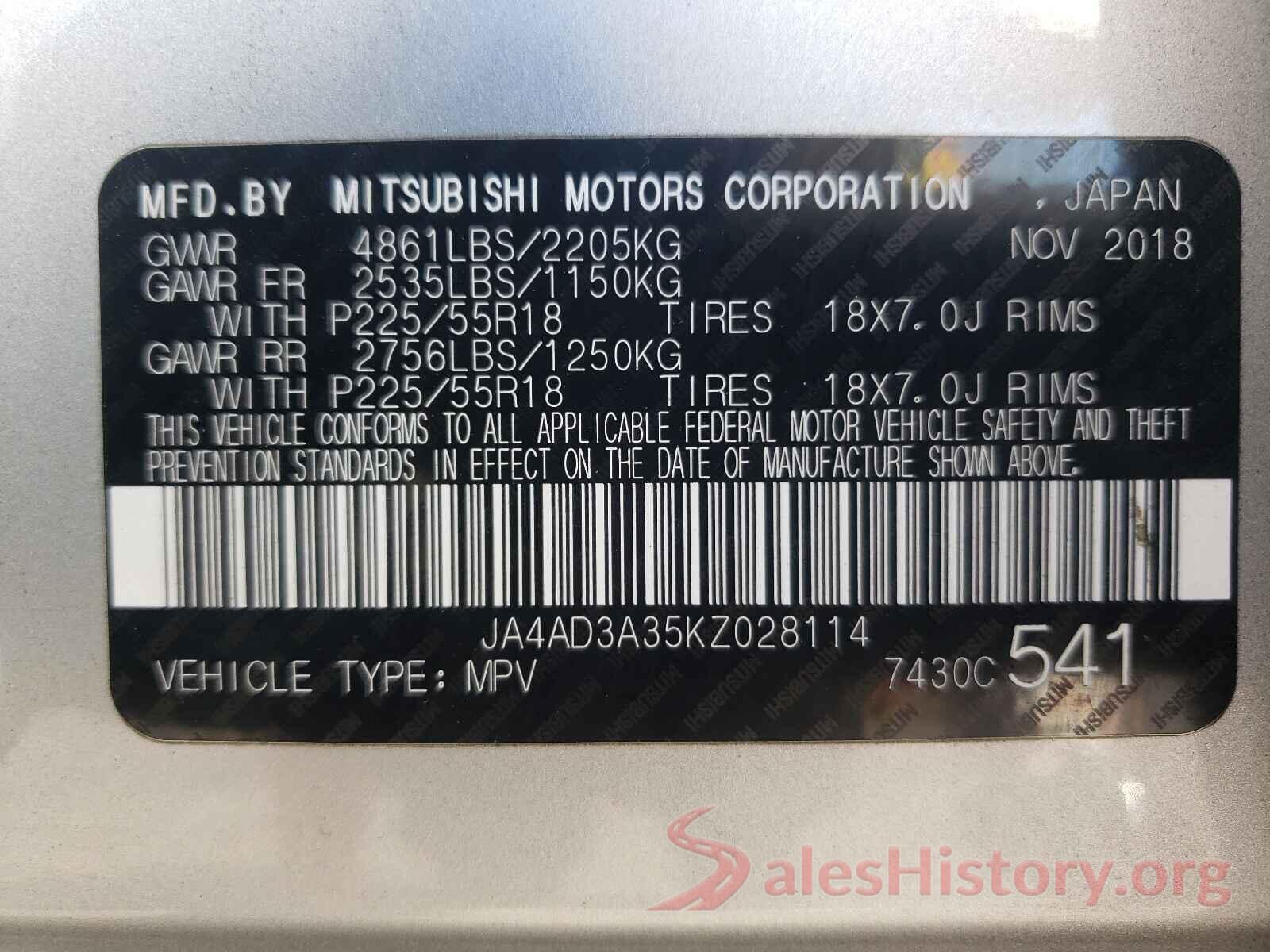 JA4AD3A35KZ028114 2019 MITSUBISHI OUTLANDER