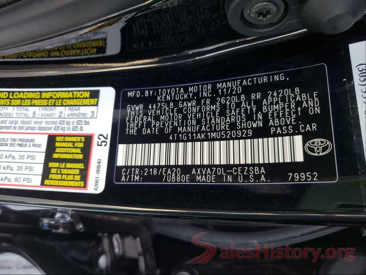 4T1G11AK1MU520929 2021 TOYOTA CAMRY