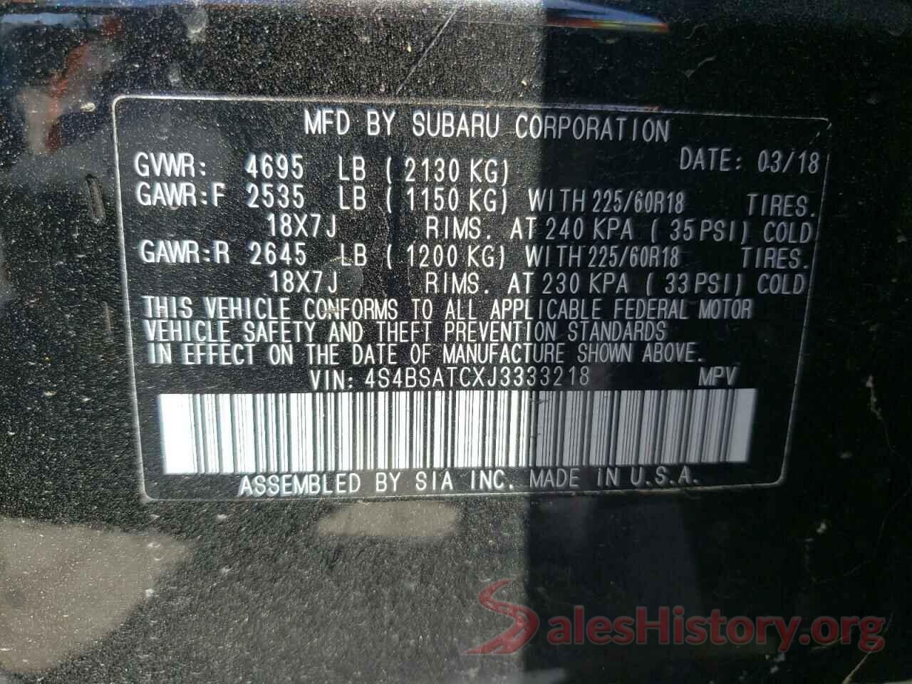 4S4BSATCXJ3333218 2018 SUBARU OUTBACK