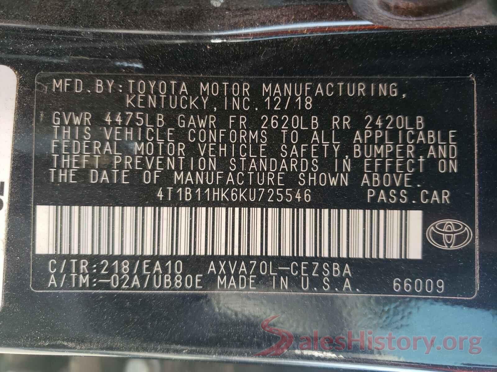 4T1B11HK6KU725546 2019 TOYOTA CAMRY