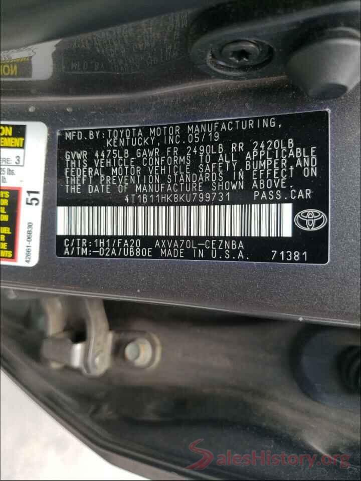 4T1B11HK8KU799731 2019 TOYOTA CAMRY