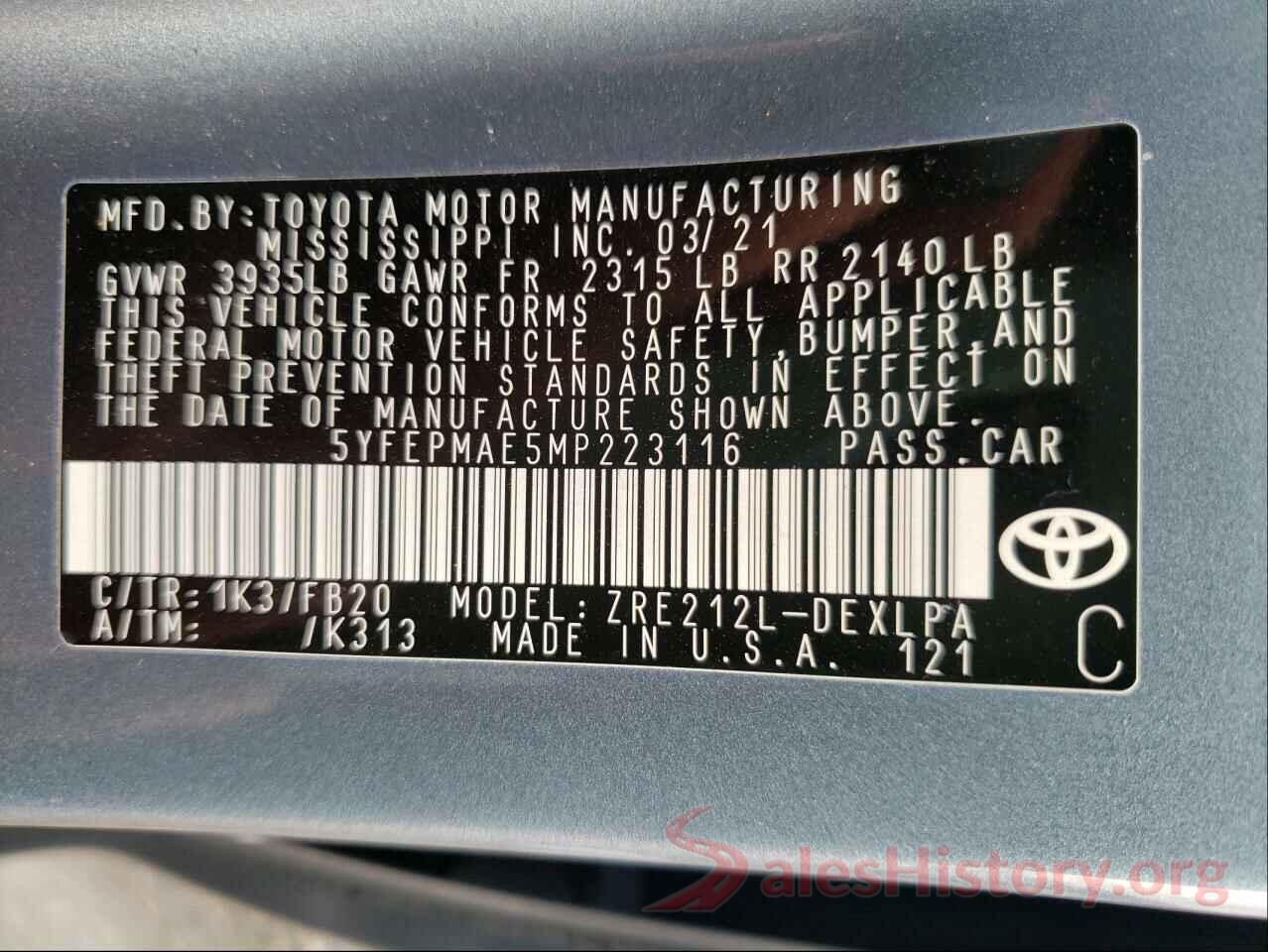 5YFEPMAE5MP223116 2021 TOYOTA COROLLA