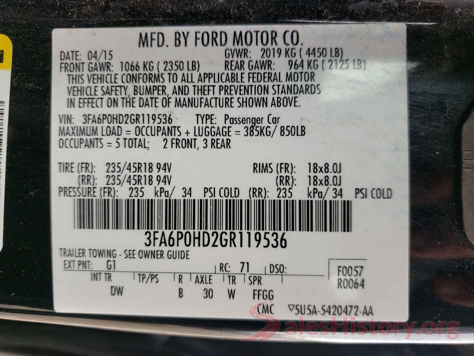 3FA6P0HD2GR119536 2016 FORD FUSION