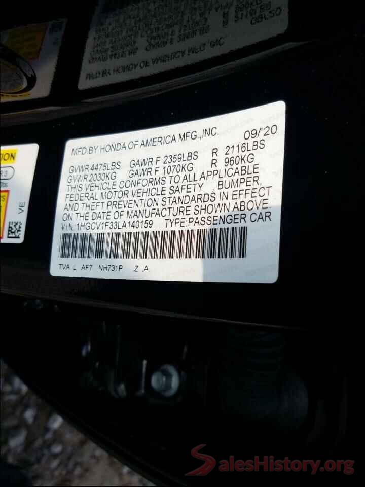 1HGCV1F33LA140159 2020 HONDA ACCORD