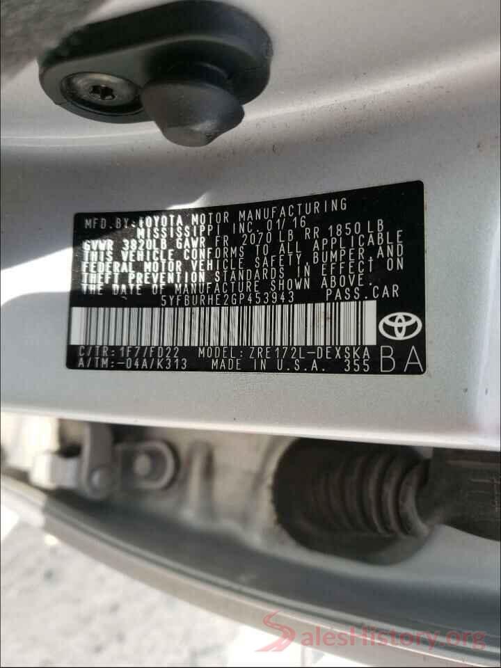 5YFBURHE2GP453943 2016 TOYOTA COROLLA