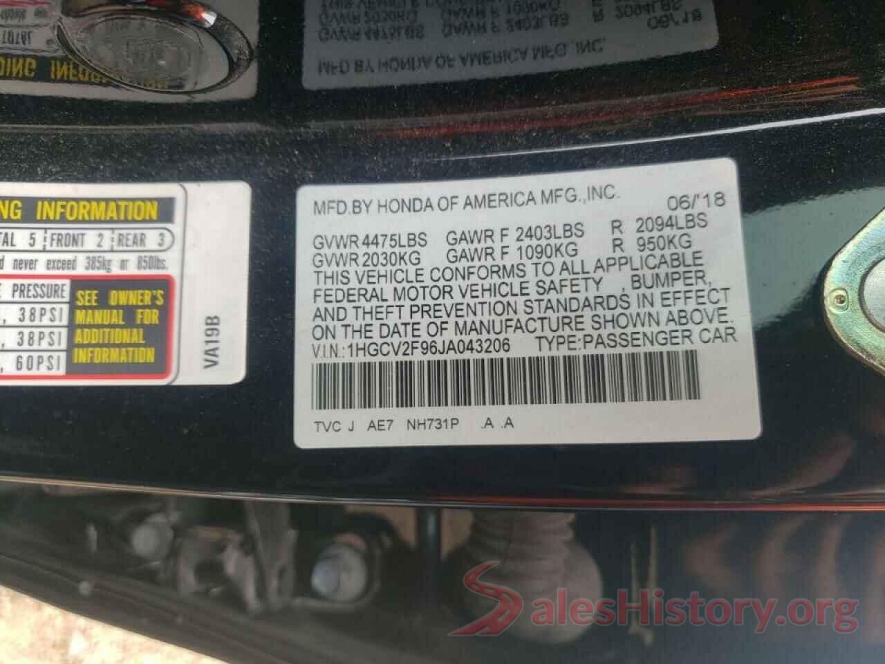 1HGCV2F96JA043206 2018 HONDA ACCORD