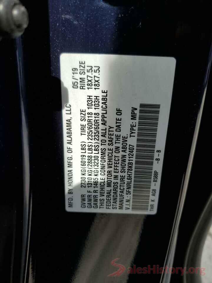 5FNRL6H78KB112407 2019 HONDA ODYSSEY