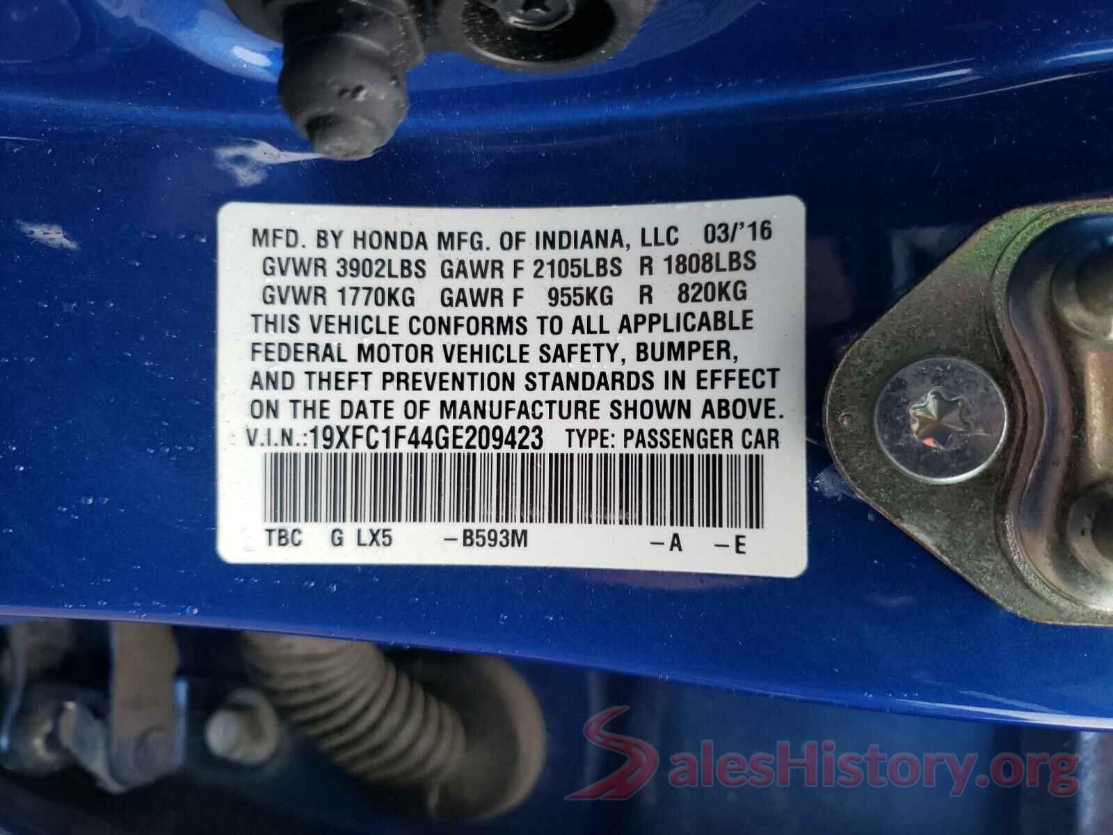 19XFC1F44GE209423 2016 HONDA CIVIC