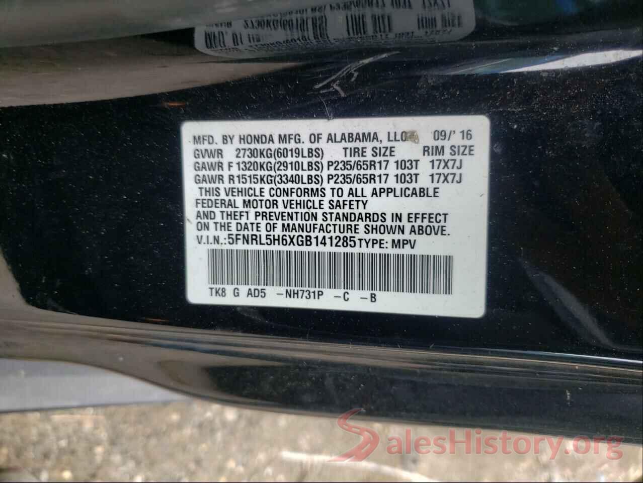 5FNRL5H6XGB141285 2016 HONDA ODYSSEY