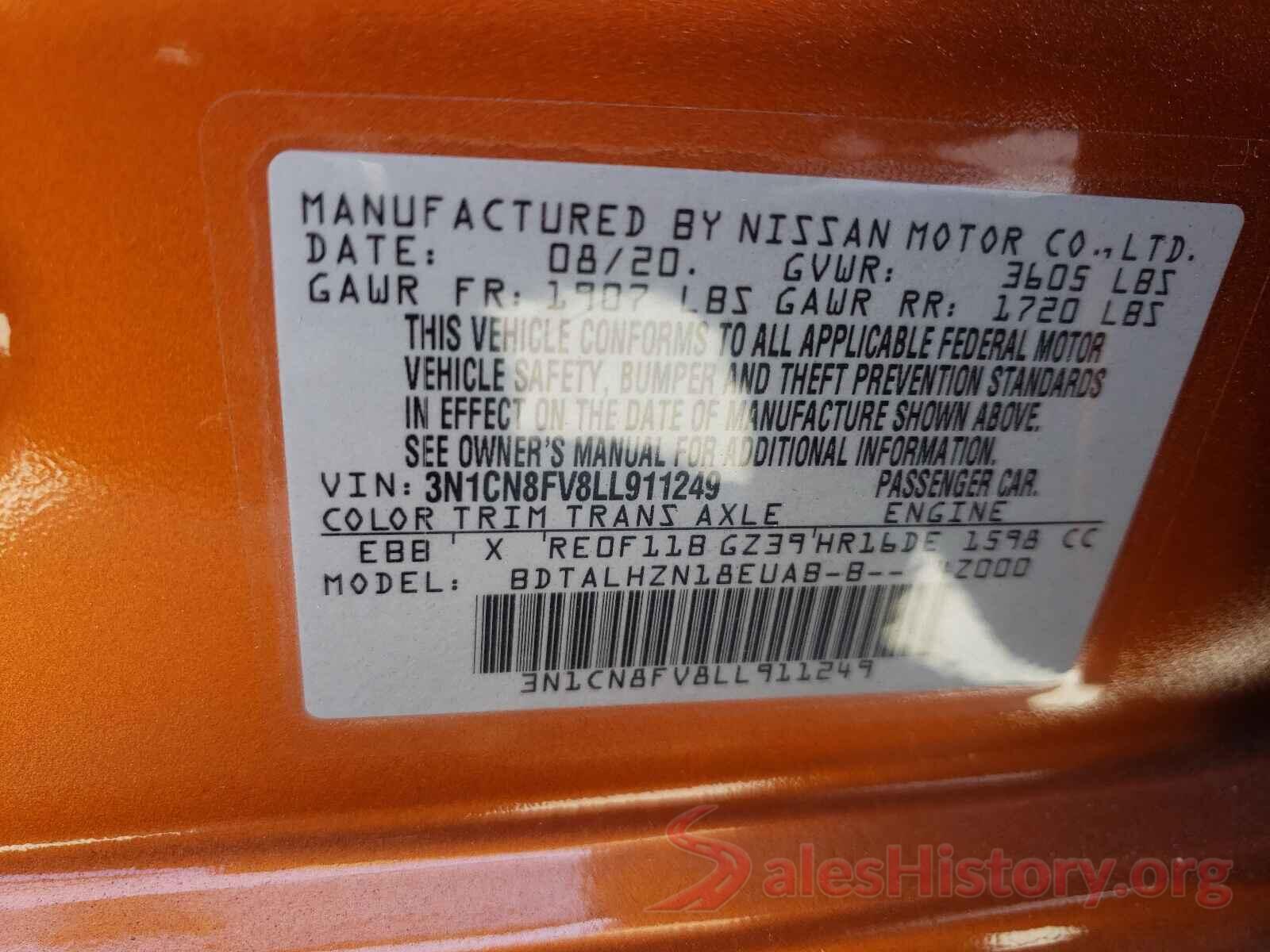 3N1CN8FV8LL911249 2020 NISSAN VERSA