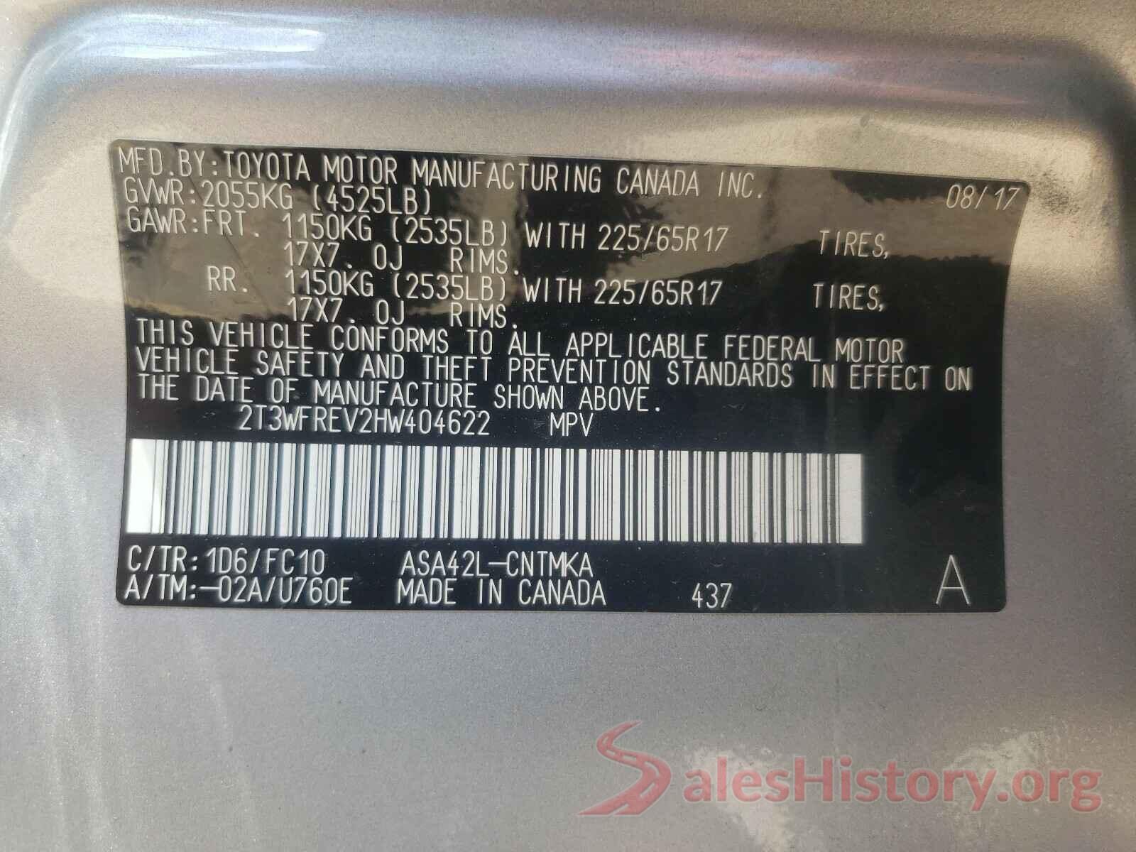 2T3WFREV2HW404622 2017 TOYOTA RAV4