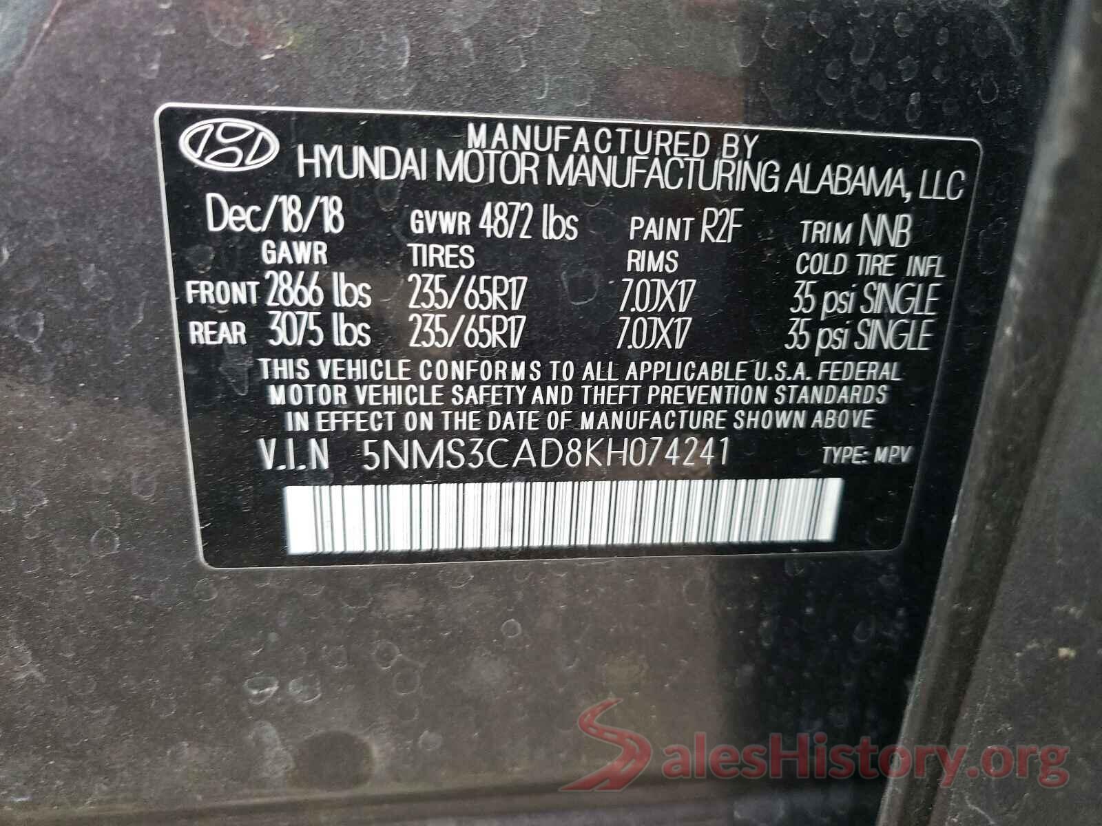 5NMS3CAD8KH074241 2019 HYUNDAI SANTA FE