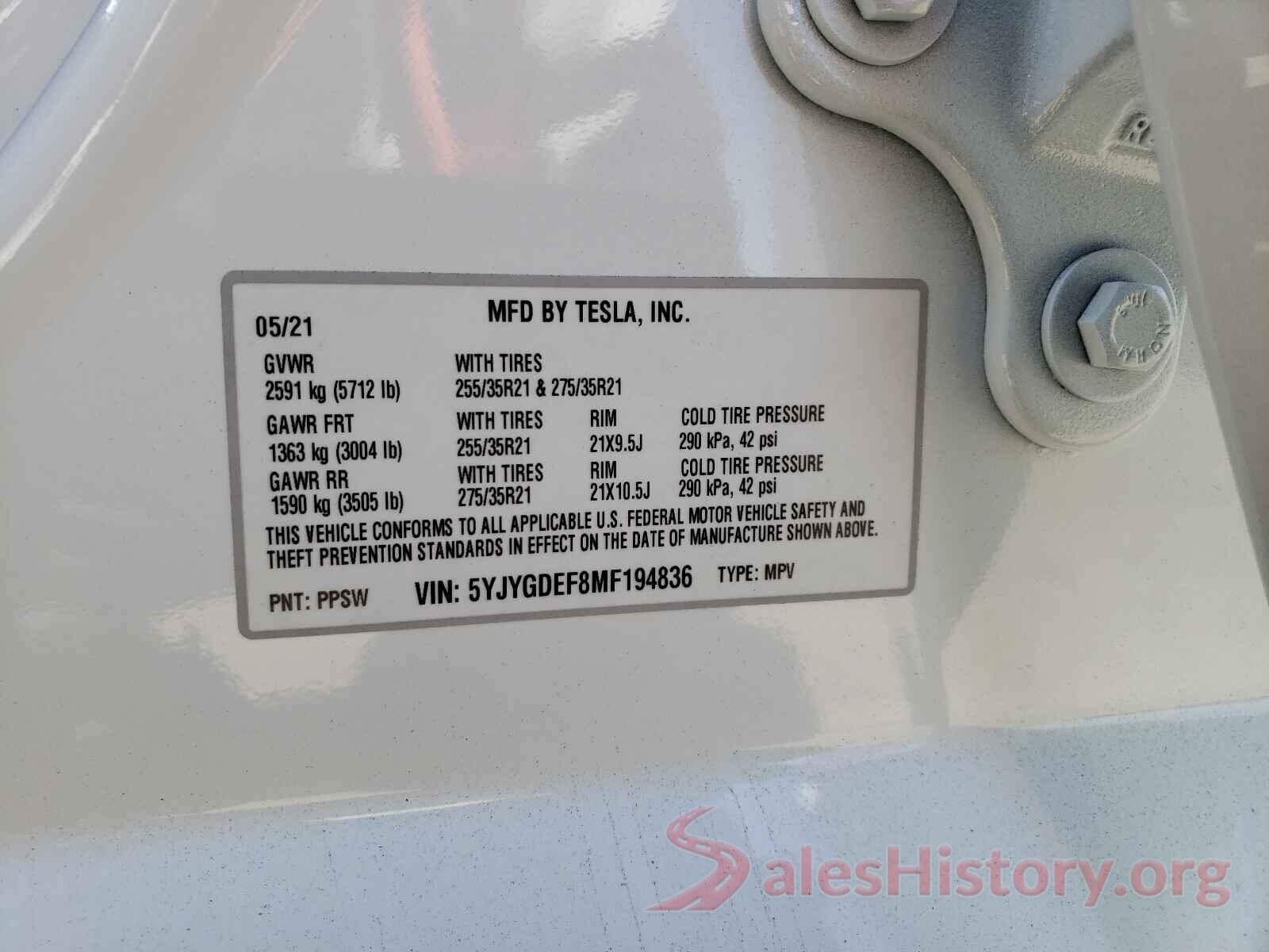 5YJYGDEF8MF194836 2021 TESLA MODEL Y