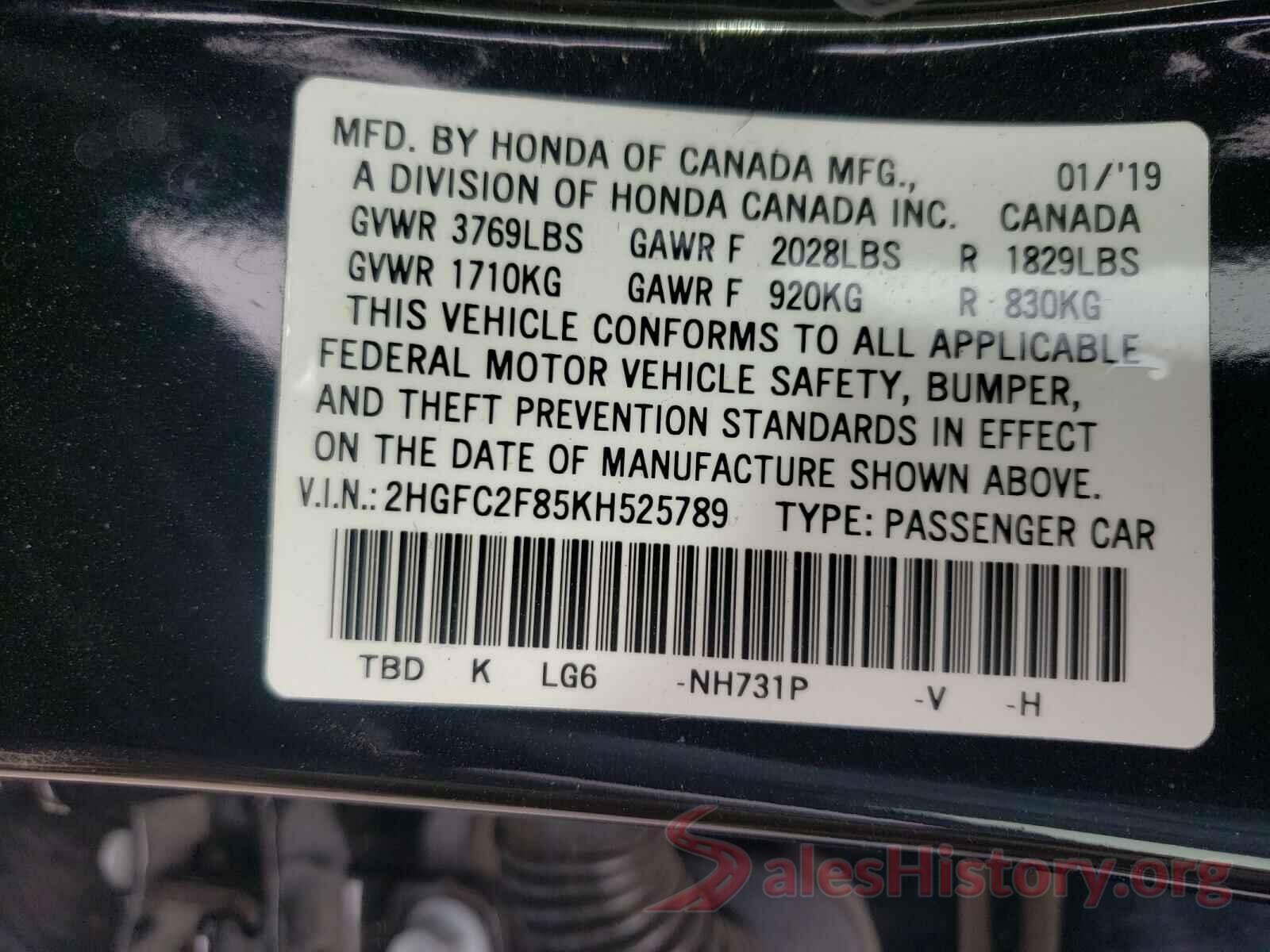 2HGFC2F85KH525789 2019 HONDA CIVIC