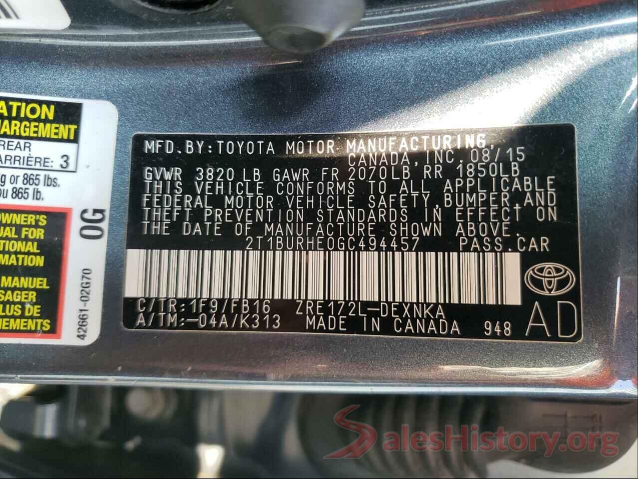 2T1BURHE0GC494457 2016 TOYOTA COROLLA