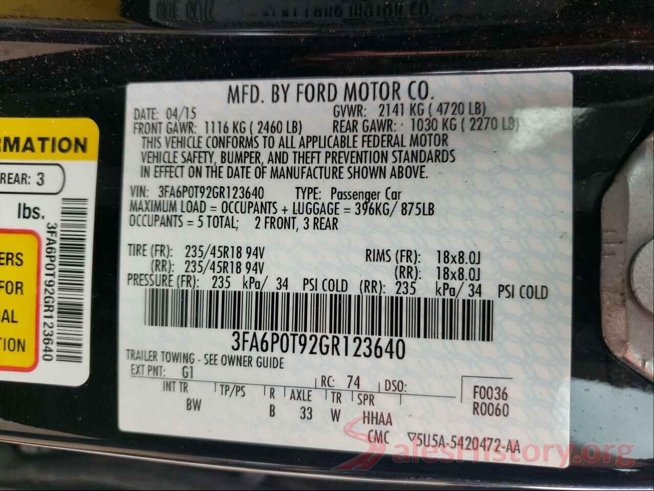 3FA6P0T92GR123640 2016 FORD FUSION