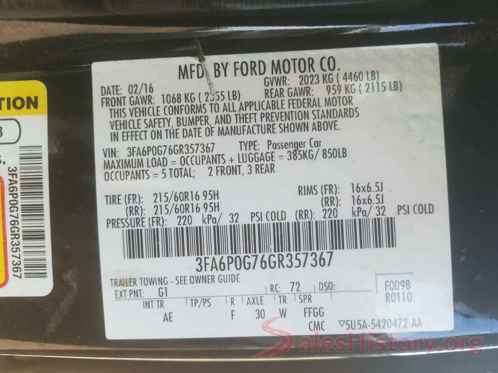 3FA6P0G76GR357367 2016 FORD FUSION