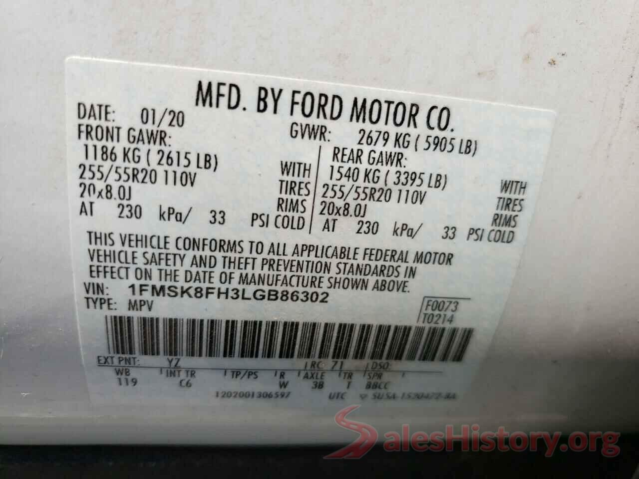 1FMSK8FH3LGB86302 2020 FORD EXPLORER