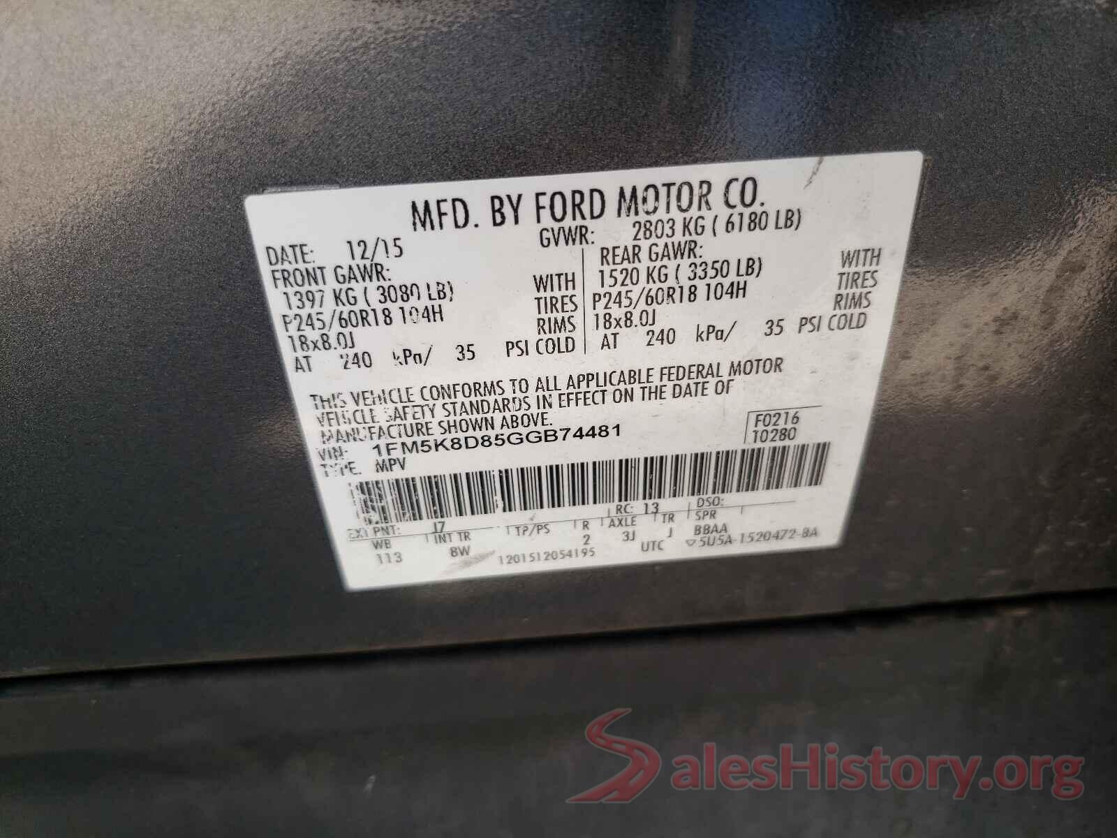 1FM5K8D85GGB74481 2016 FORD EXPLORER