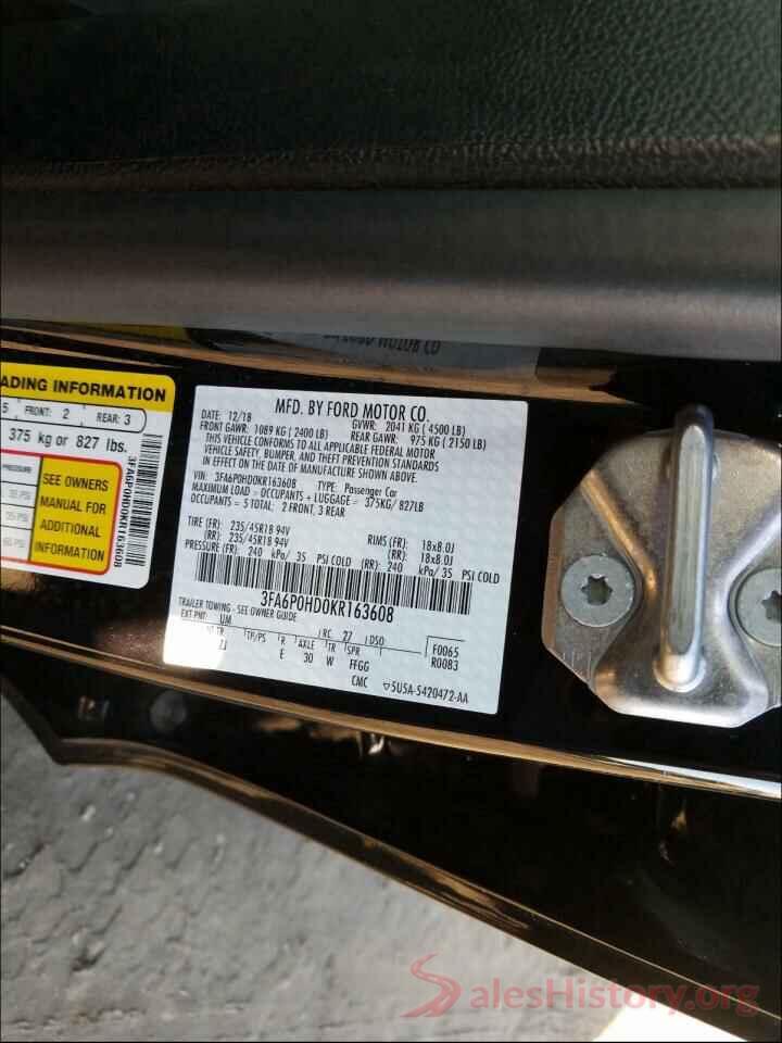 3FA6P0HD0KR163608 2019 FORD FUSION