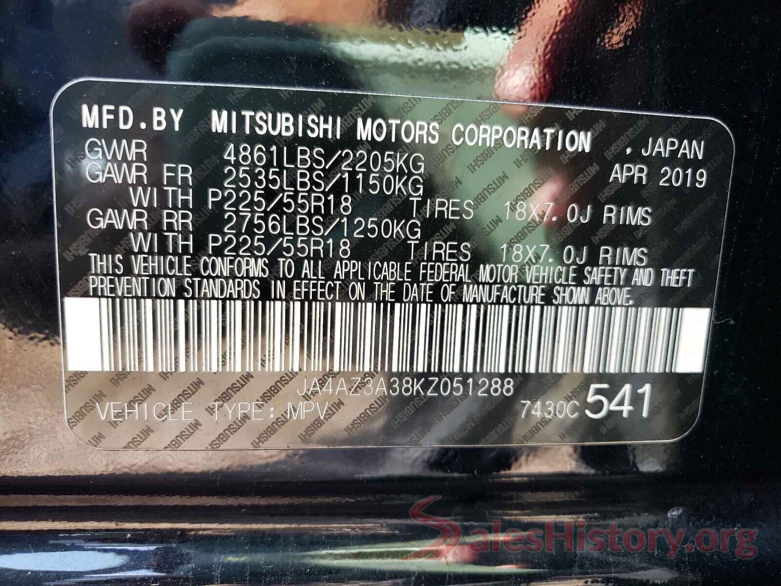 JA4AZ3A38KZ051288 2019 MITSUBISHI OUTLANDER