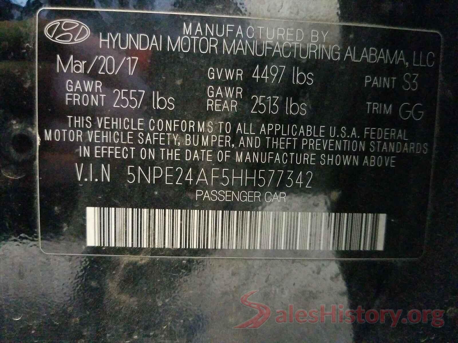 5NPE24AF5HH577342 2017 HYUNDAI SONATA