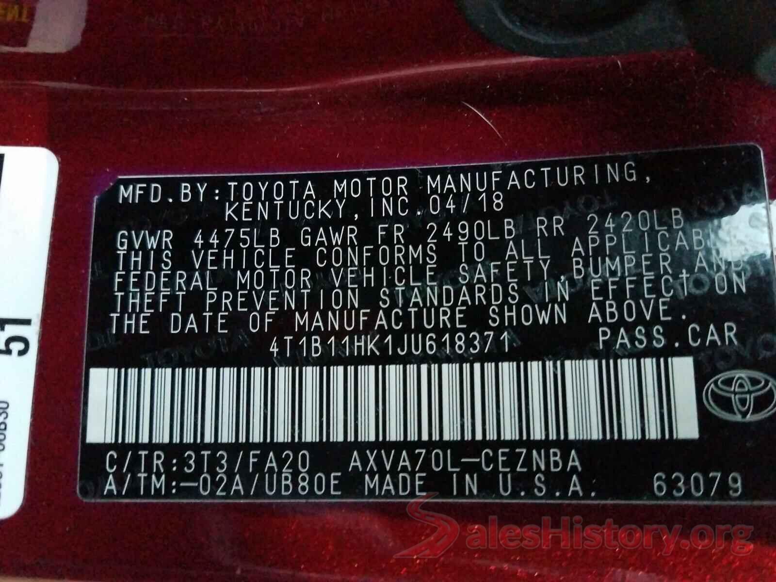 4T1B11HK1JU618371 2018 TOYOTA CAMRY