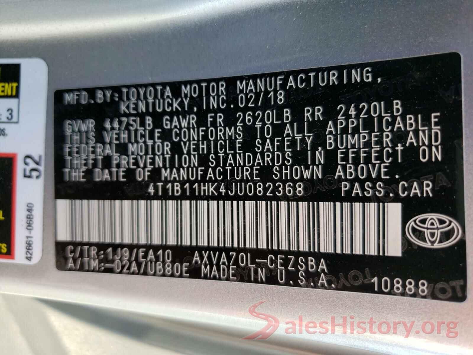 4T1B11HK4JU082368 2018 TOYOTA CAMRY