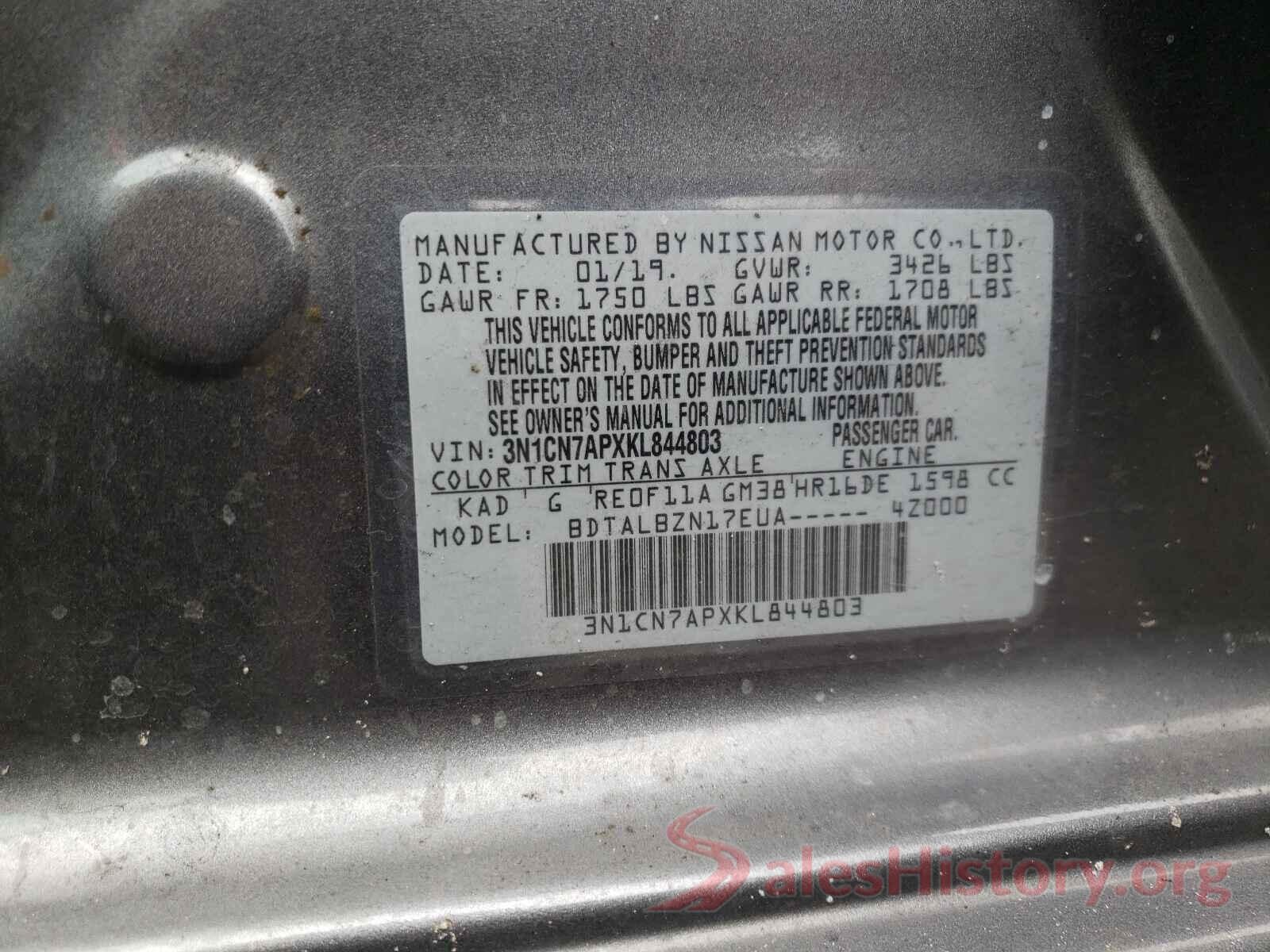 3N1CN7APXKL844803 2019 NISSAN VERSA