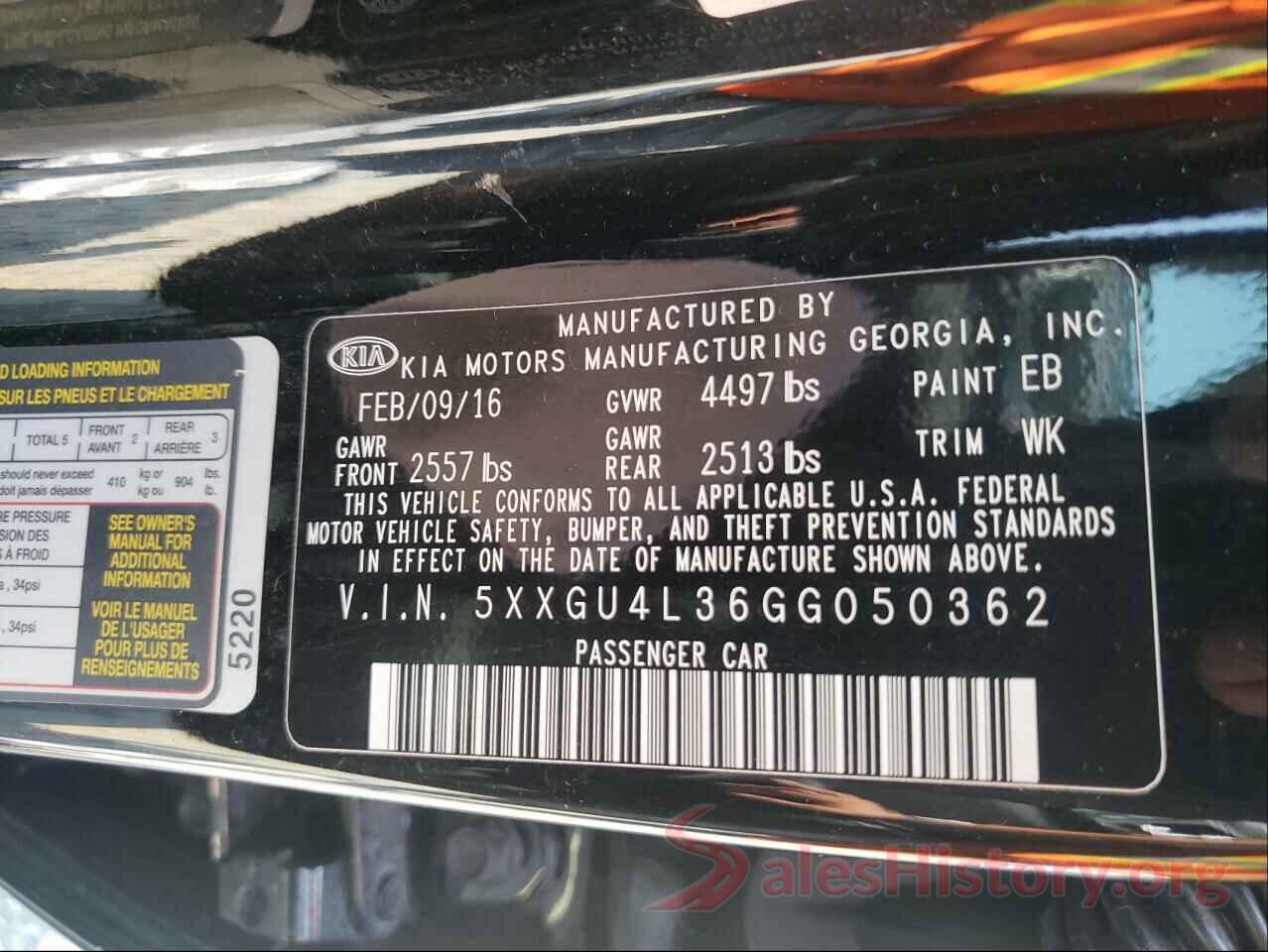 5XXGU4L36GG050362 2016 KIA OPTIMA