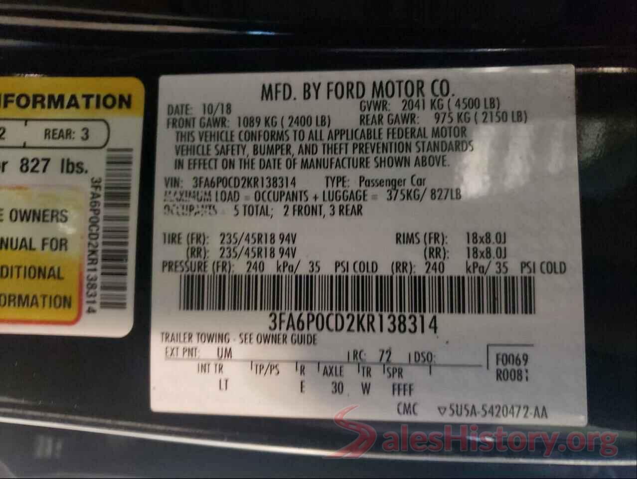 3FA6P0CD2KR138314 2019 FORD FUSION