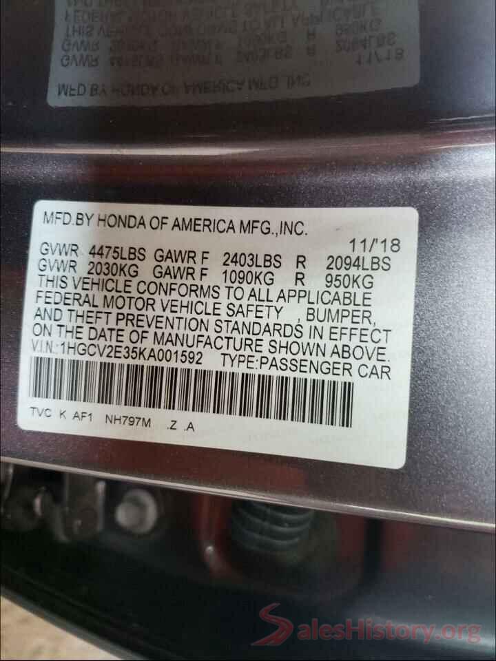 1HGCV2E35KA001592 2019 HONDA ACCORD