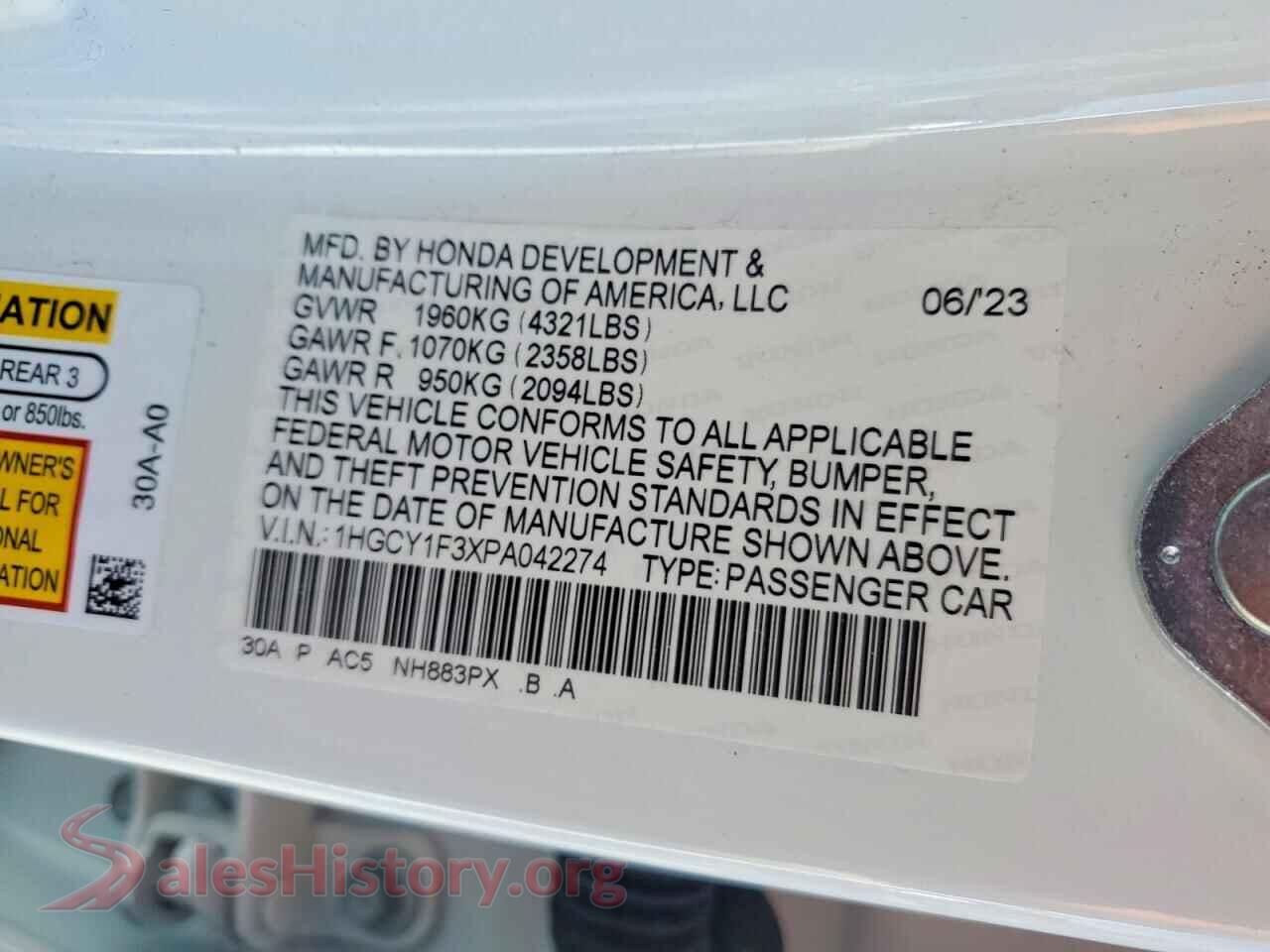 2023 HONDA ACCORD VIN 1HGCY1F3XPA042274, wheel and tire