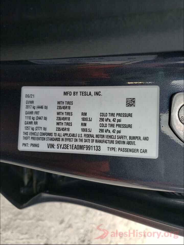 5YJ3E1EA0MF991133 2021 TESLA MODEL 3