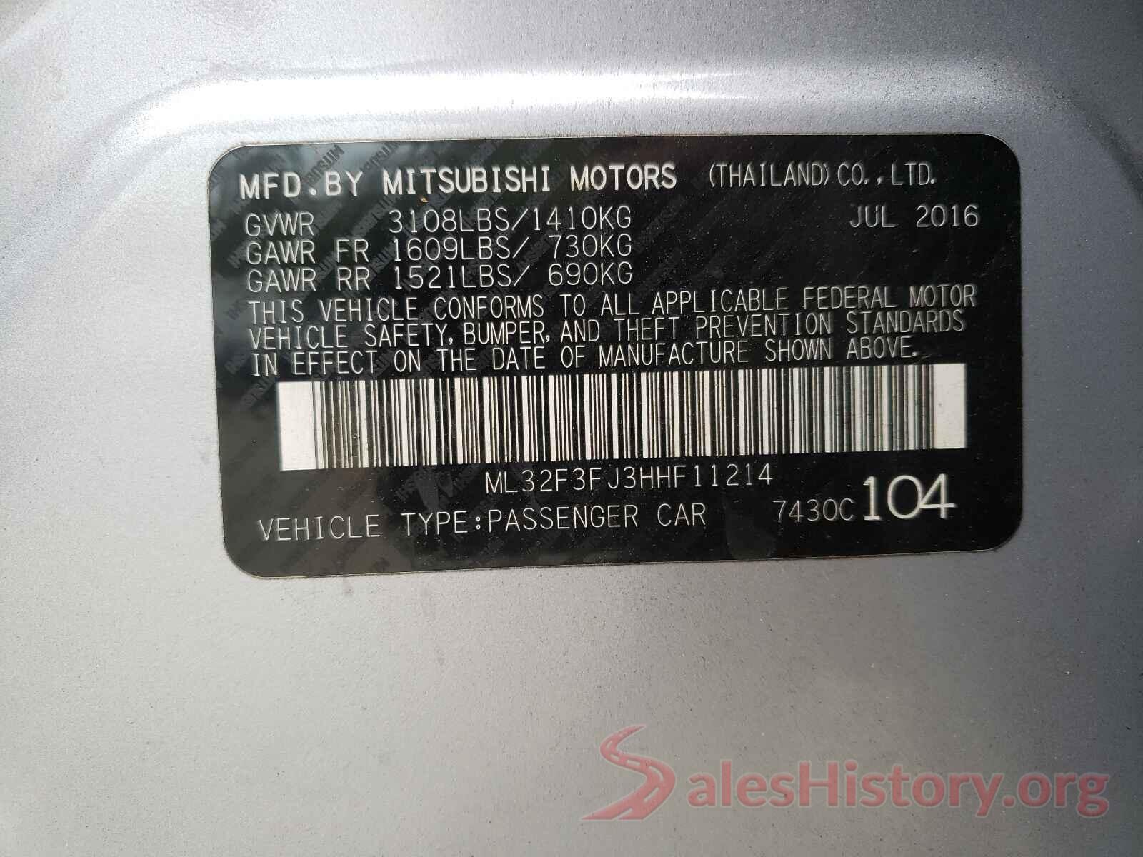 ML32F3FJ3HHF11214 2017 MITSUBISHI MIRAGE