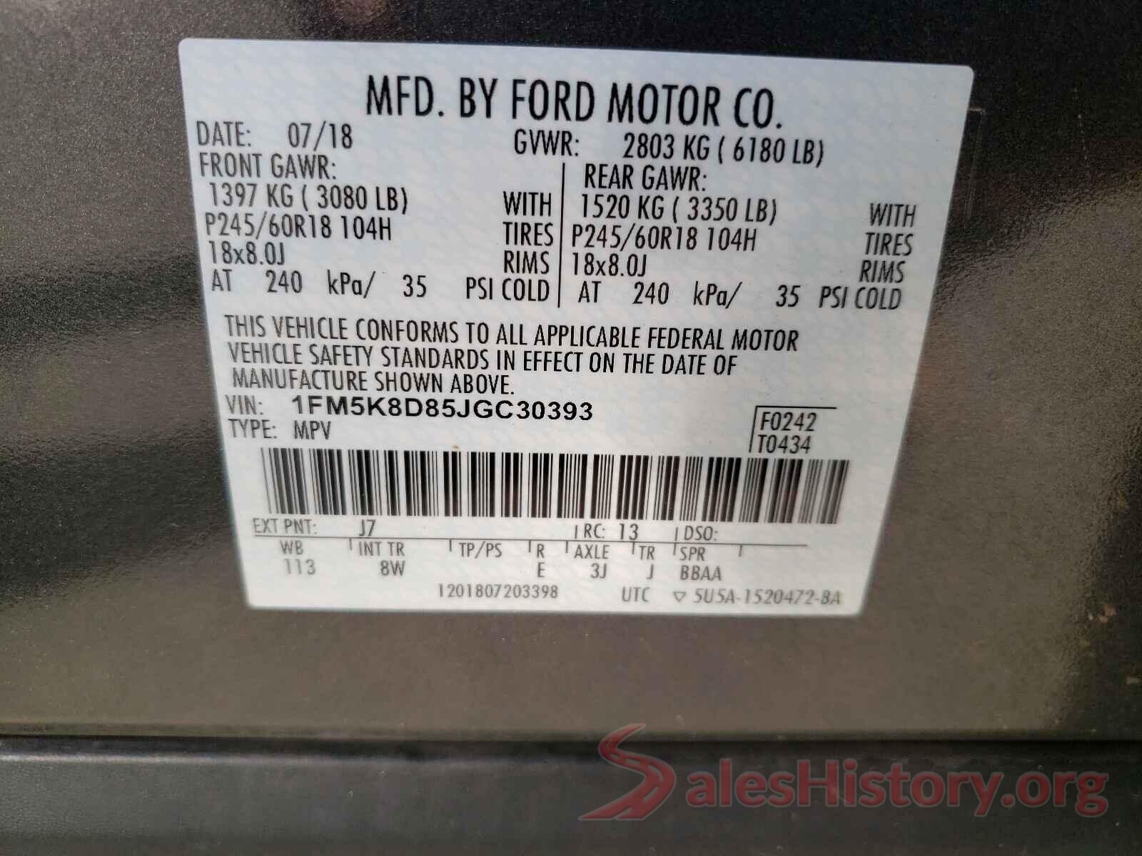 1FM5K8D85JGC30393 2018 FORD EXPLORER