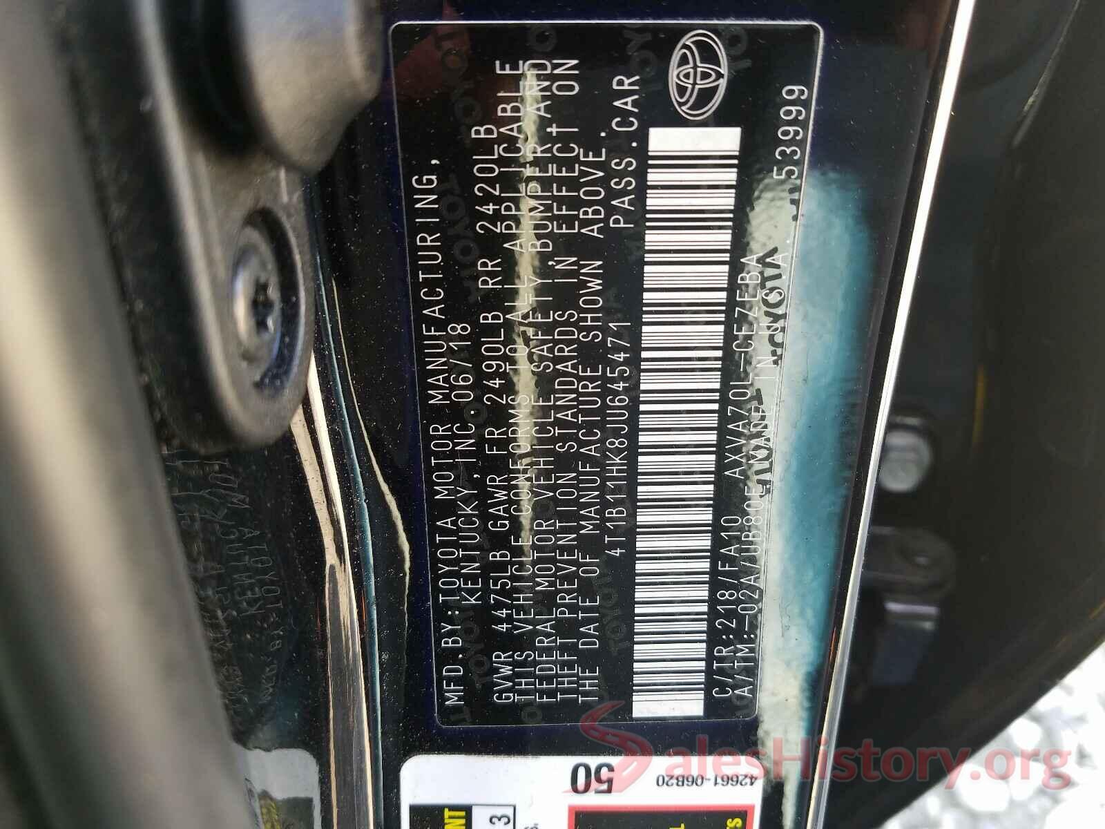 4T1B11HK8JU645471 2018 TOYOTA CAMRY