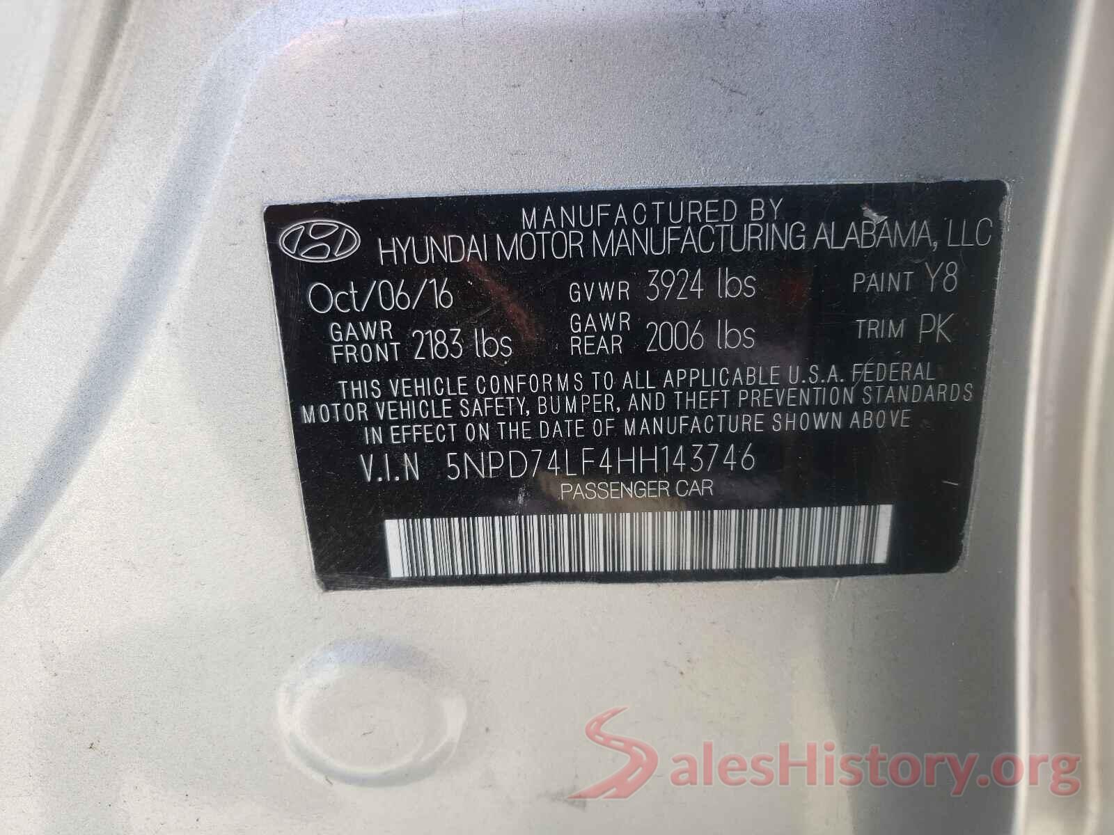 5NPD74LF4HH143746 2017 HYUNDAI ELANTRA