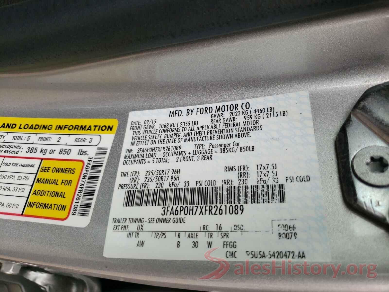 3FA6P0H7XFR261089 2015 FORD FUSION